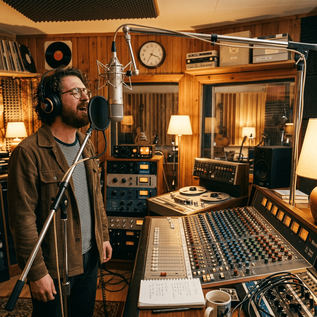 Vocalist singing into a studio microphone beside an analog mixing console