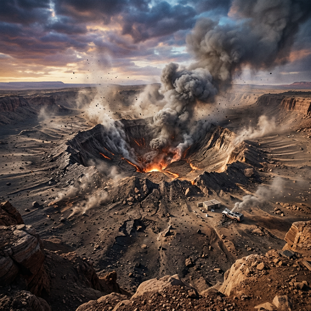 Active volcano erupting lava and ash in a remote desert crater