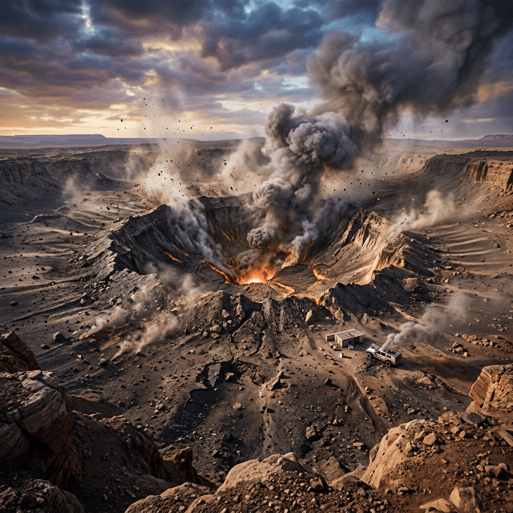 Active volcano erupting lava and ash in a remote desert crater