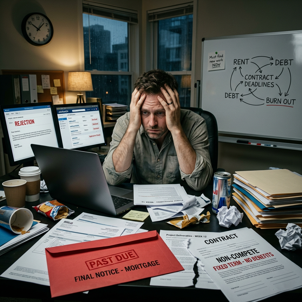 Stressed man at cluttered desk beside rejection notice, overdue mortgage, and burnout diagram
