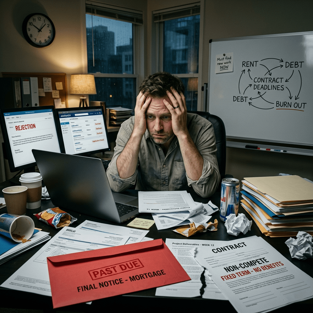 Stressed man at cluttered desk beside rejection notice, overdue mortgage, and burnout diagram