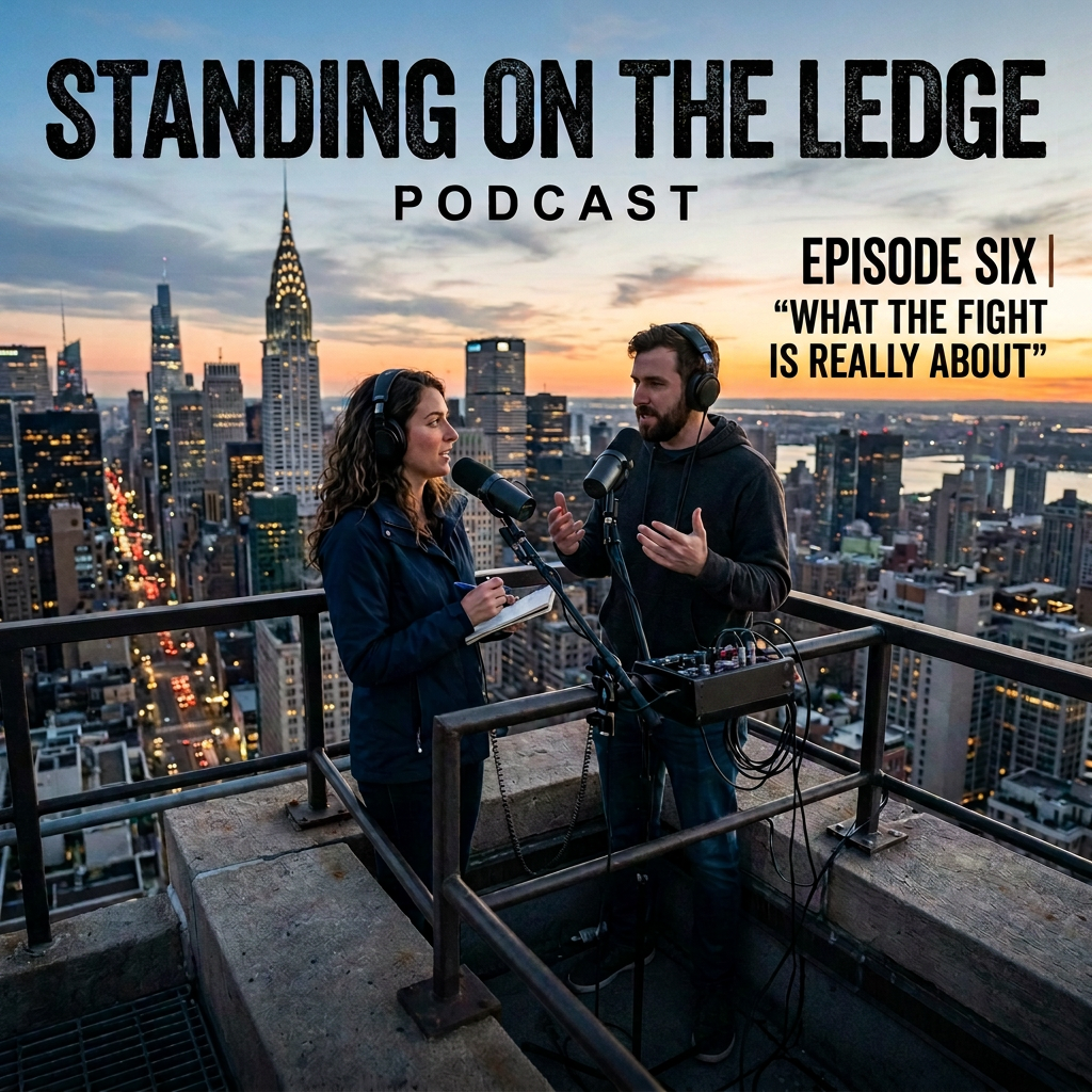 Standing on the Ledge podcast cover featuring Sarah and David recording above Manhattan
