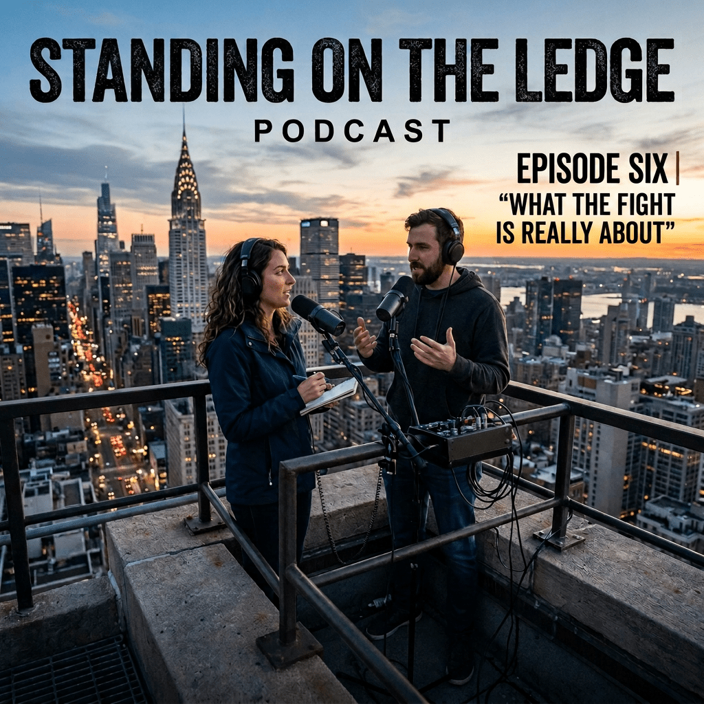 Standing on the Ledge podcast cover featuring Sarah and David recording above Manhattan