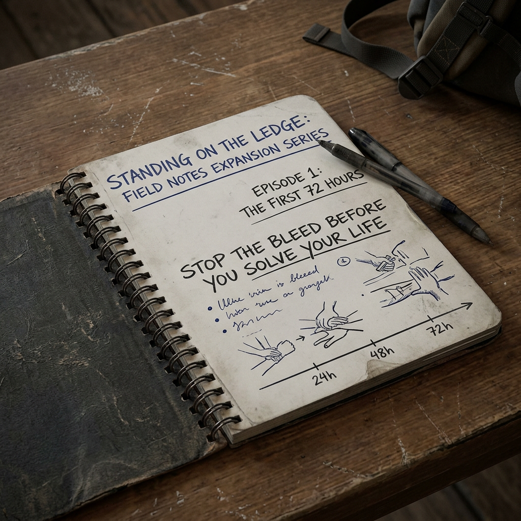 Notebook reading “Standing on the Ledge: Field Notes Expansion Series,” “Episode 1: The First 72 Hours,” and “Stop the Bleed Before You Solve Your Life,” with 24h, 48h, and 72h timeline sketches.