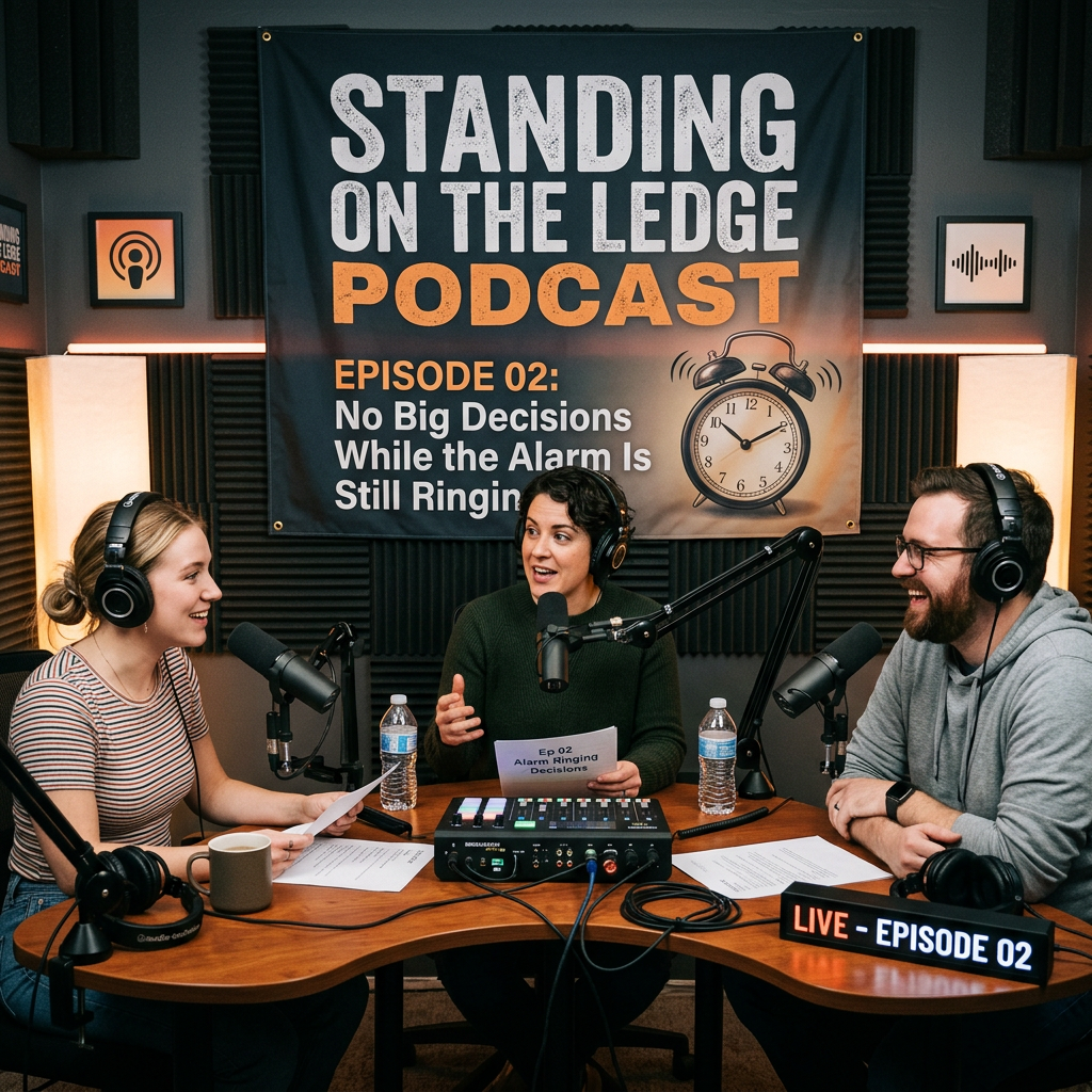 Podcast cover with alarm and dramatic ledge