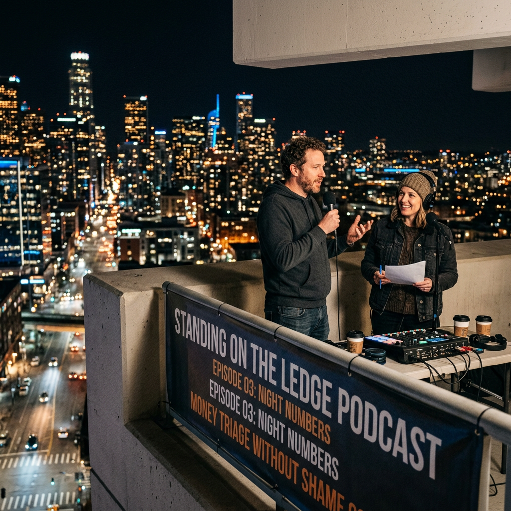 Podcast hosts recording “Standing on the Ledge Podcast” with banner text “Episode 03: Night Numbers” and “Money Triage Without Shame.”