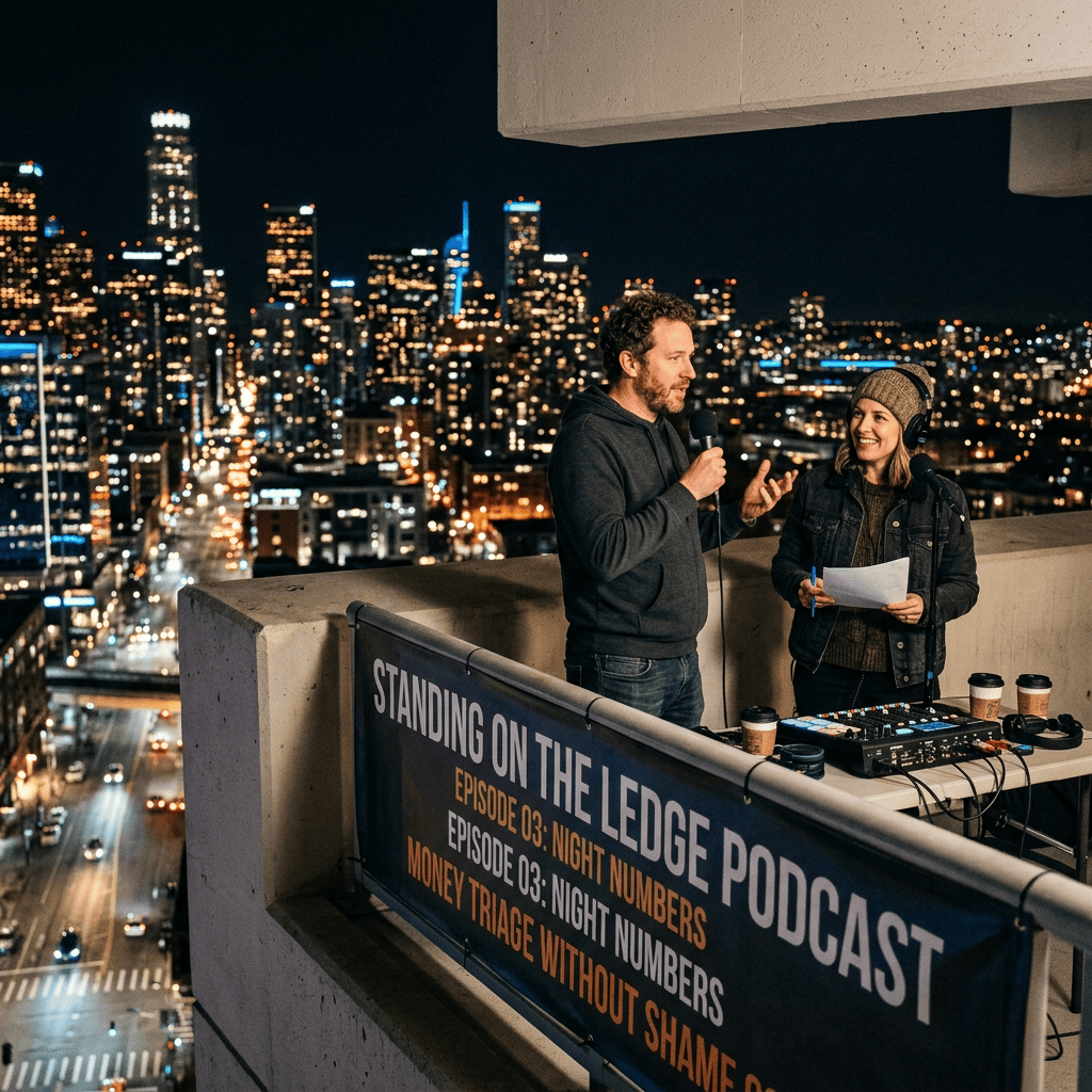 Podcast hosts recording “Standing on the Ledge Podcast” with banner text “Episode 03: Night Numbers” and “Money Triage Without Shame.”