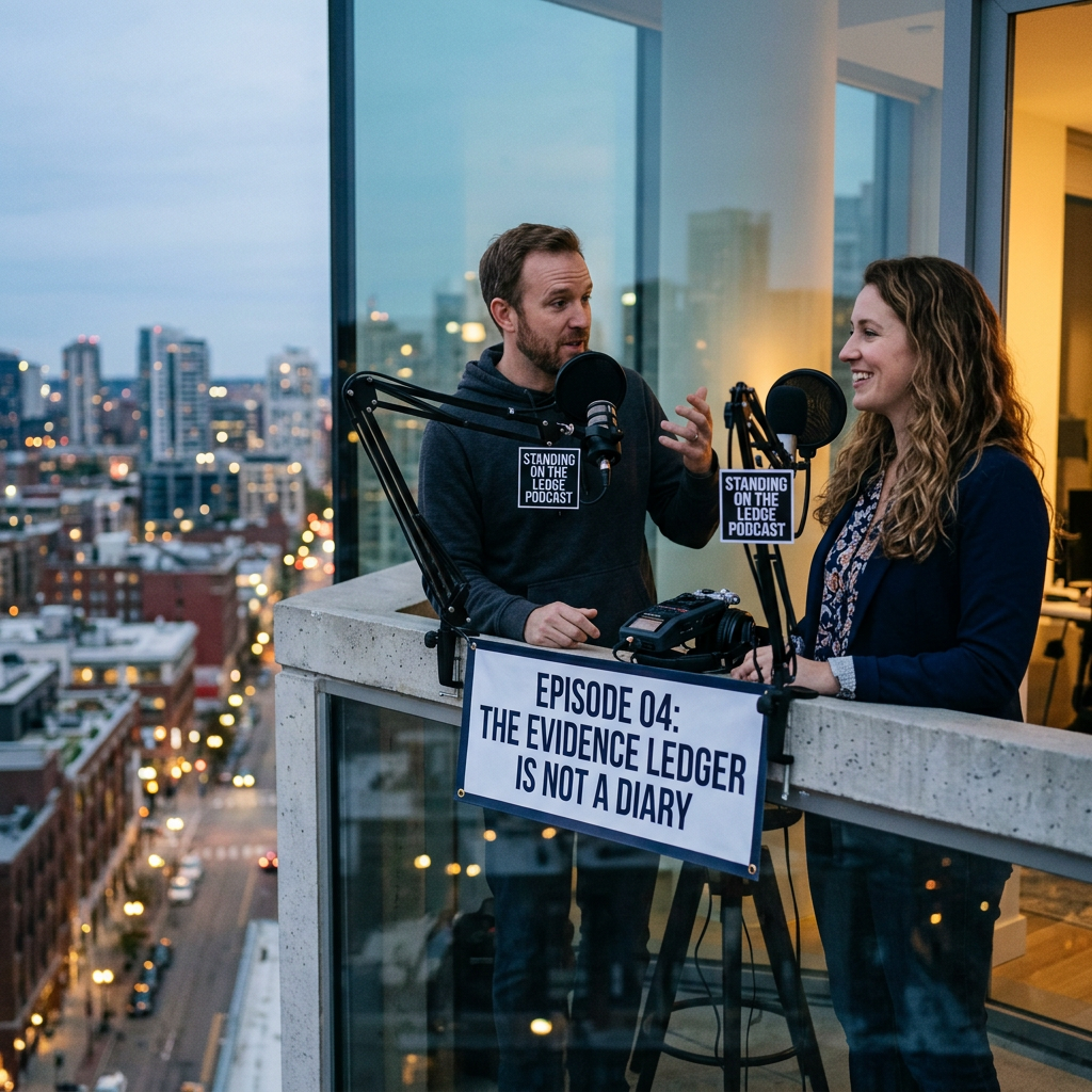 Two podcast hosts with microphones; signs read “STANDING ON THE LEDGE PODCAST” and “EPISODE 04: THE EVIDENCE LEDGE IS NOT A DIARY.”