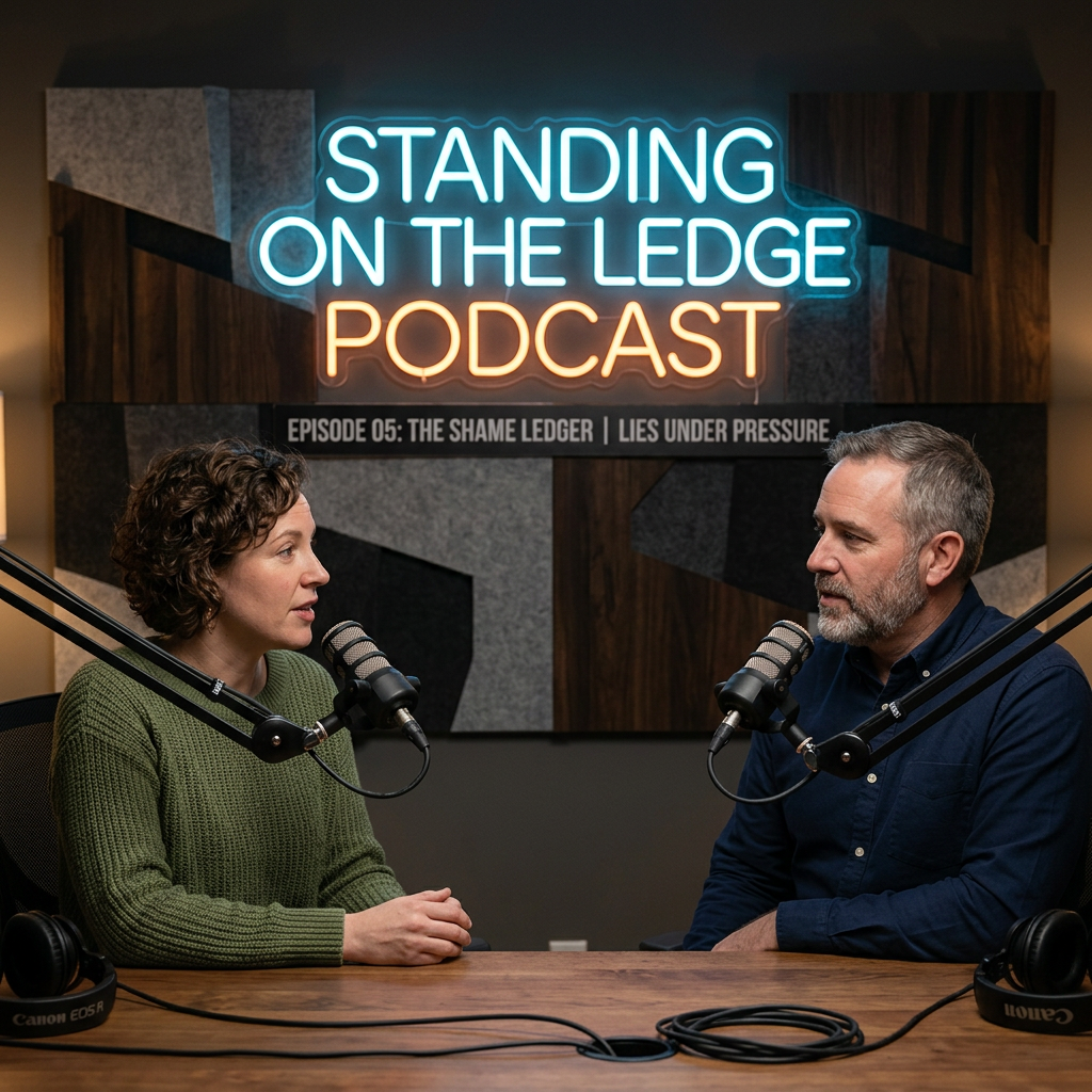 Two podcast hosts speaking beneath Standing on the Ledge Podcast sign