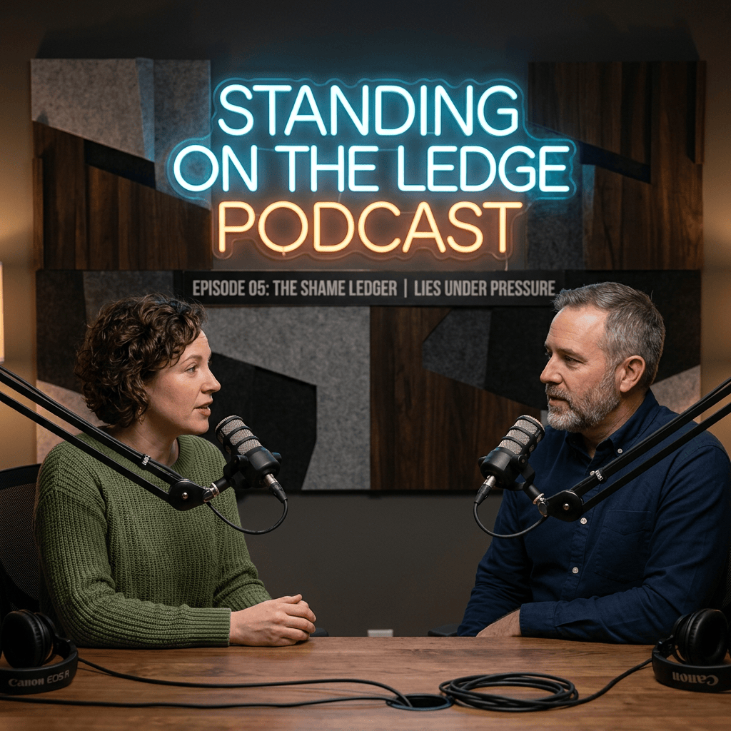 Two podcast hosts speaking beneath Standing on the Ledge Podcast sign