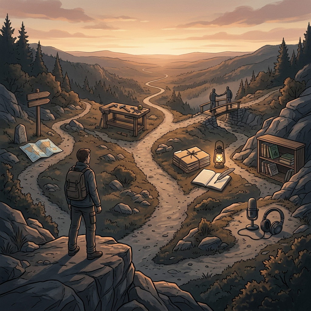 Hiker overlooking a mountain trail with books, map, lantern, microphone, and bridge