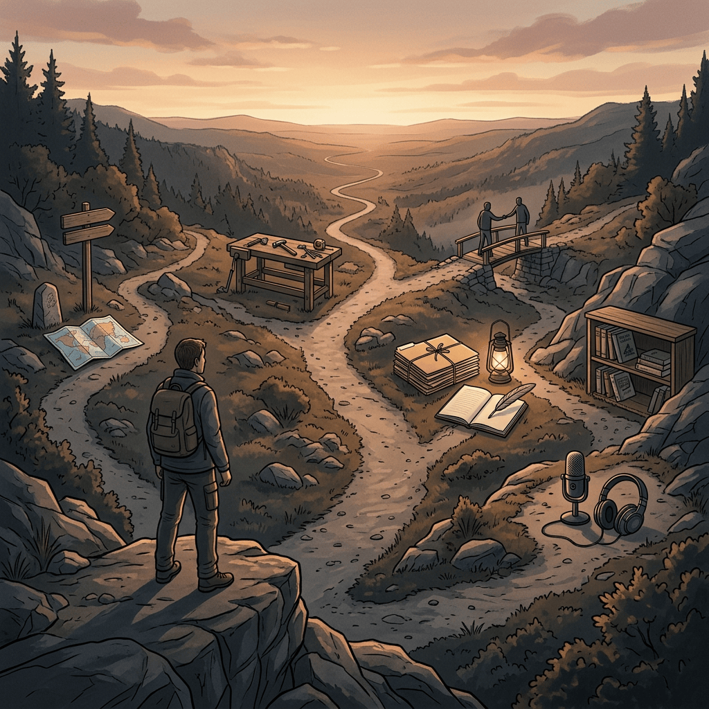 Hiker overlooking a mountain trail with books, map, lantern, microphone, and bridge