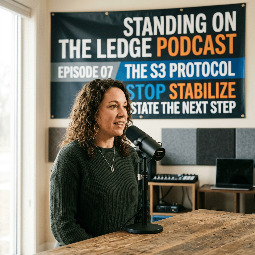 Woman speaking into microphone beside banner reading “STANDING ON THE LEDGE PODCAST,” “EPISODE 07,” “THE S3 PROTOCOL,” “STOP STABILIZE,” and “STATE THE NEXT STEP.”