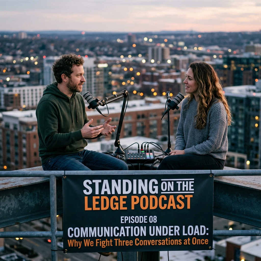 Two podcast hosts recording beside a city skyline; banner reads “Standing on the Ledge Podcast, Episode 08, Communication Under Load: Why We Fight Three Conversations at Once.”