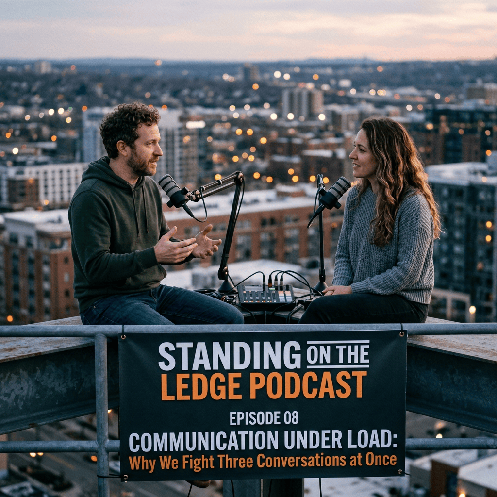 Two podcast hosts recording beside a city skyline; banner reads “Standing on the Ledge Podcast, Episode 08, Communication Under Load: Why We Fight Three Conversations at Once.”