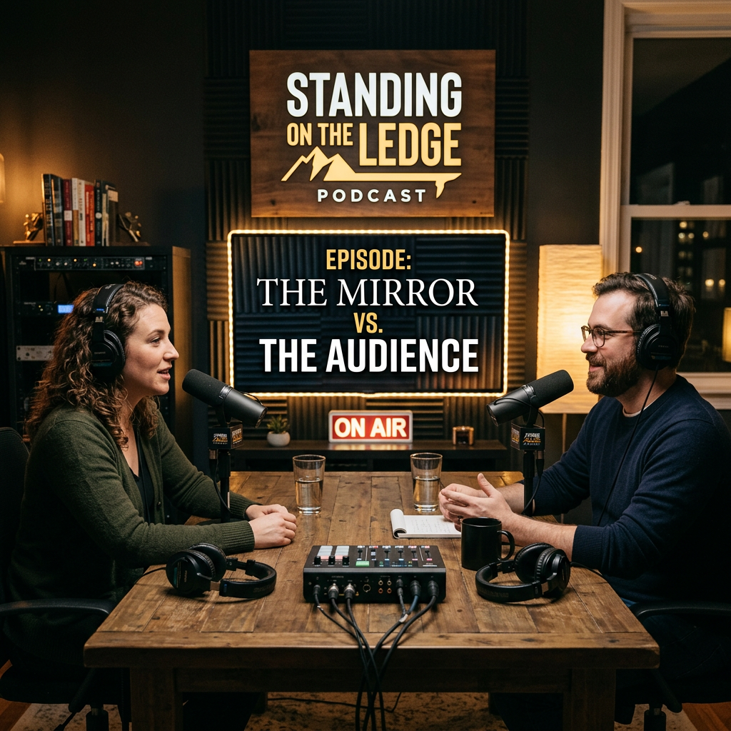 Two podcast hosts recording episode titled The Mirror vs. The Audience