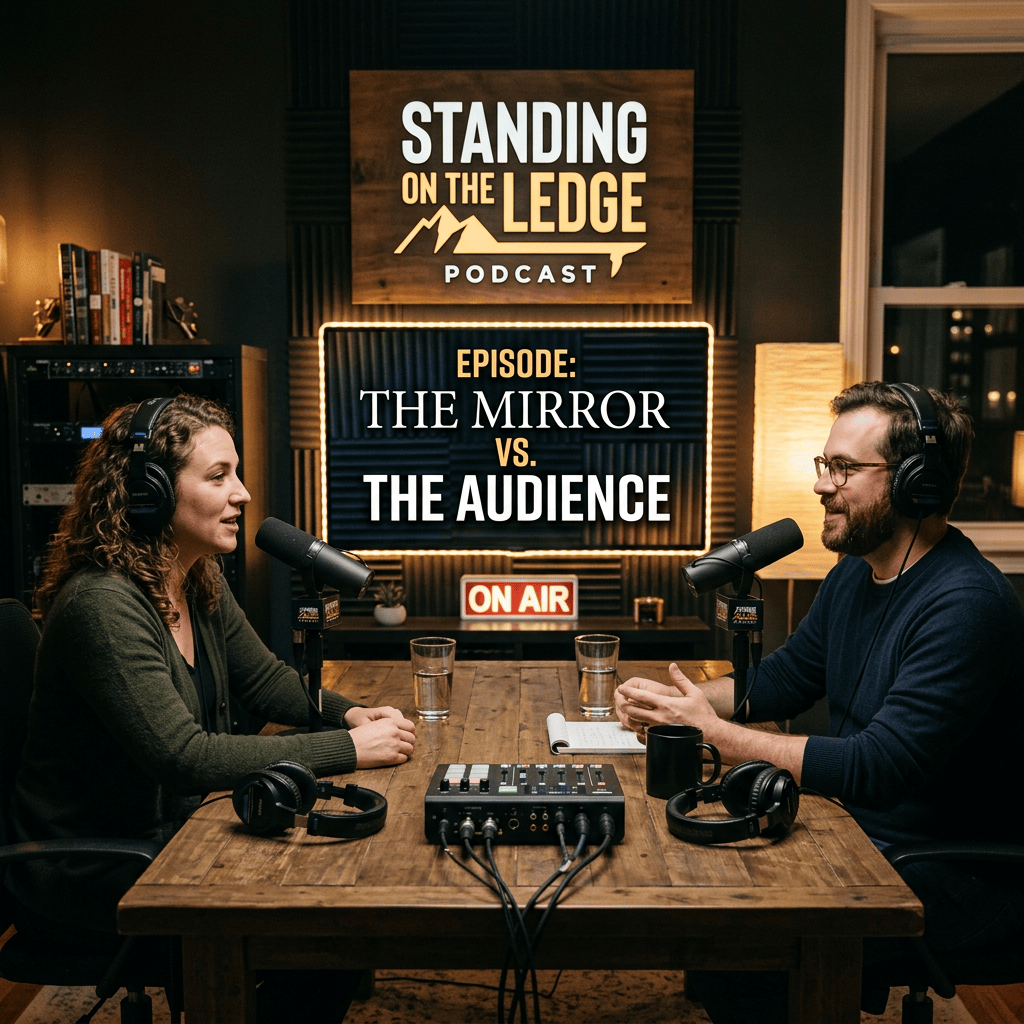 Two podcast hosts recording episode titled The Mirror vs. The Audience