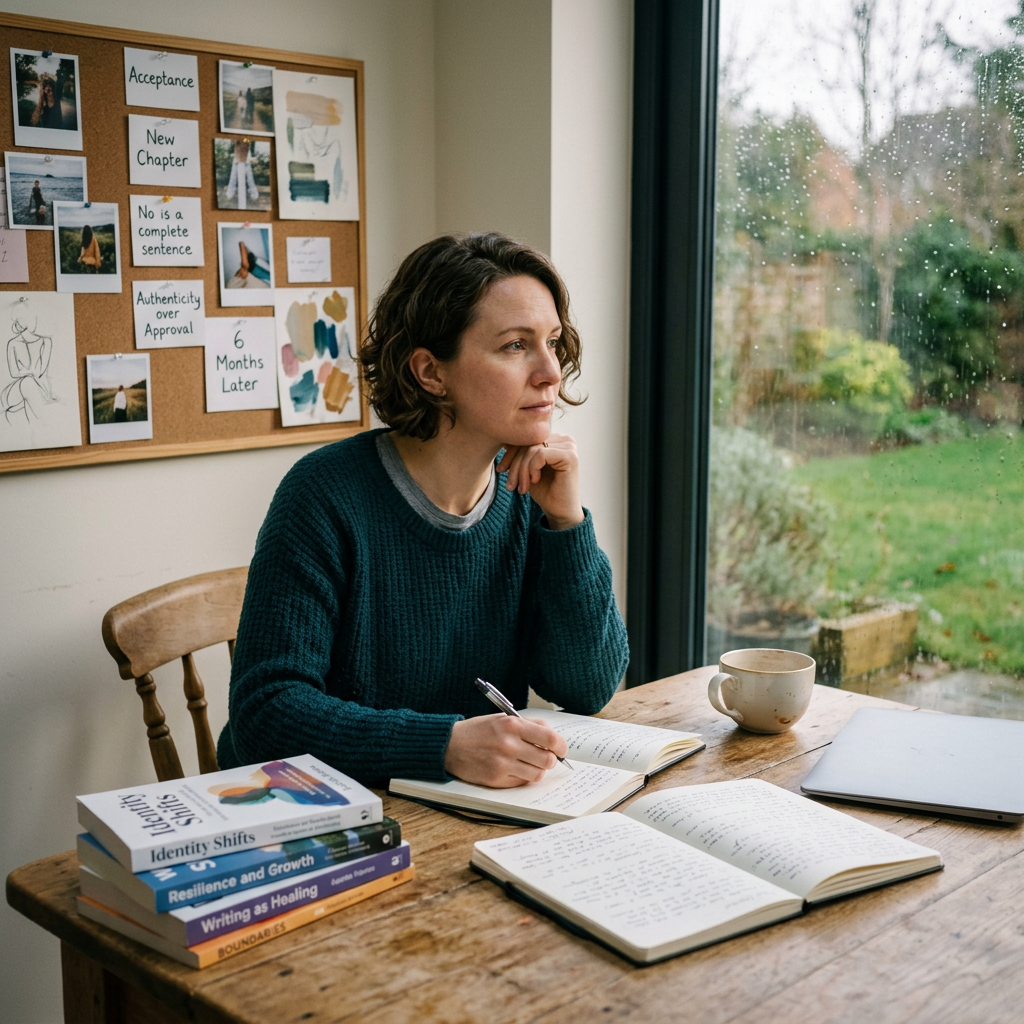 Woman journaling at a table beside a rainy window and inspiration board