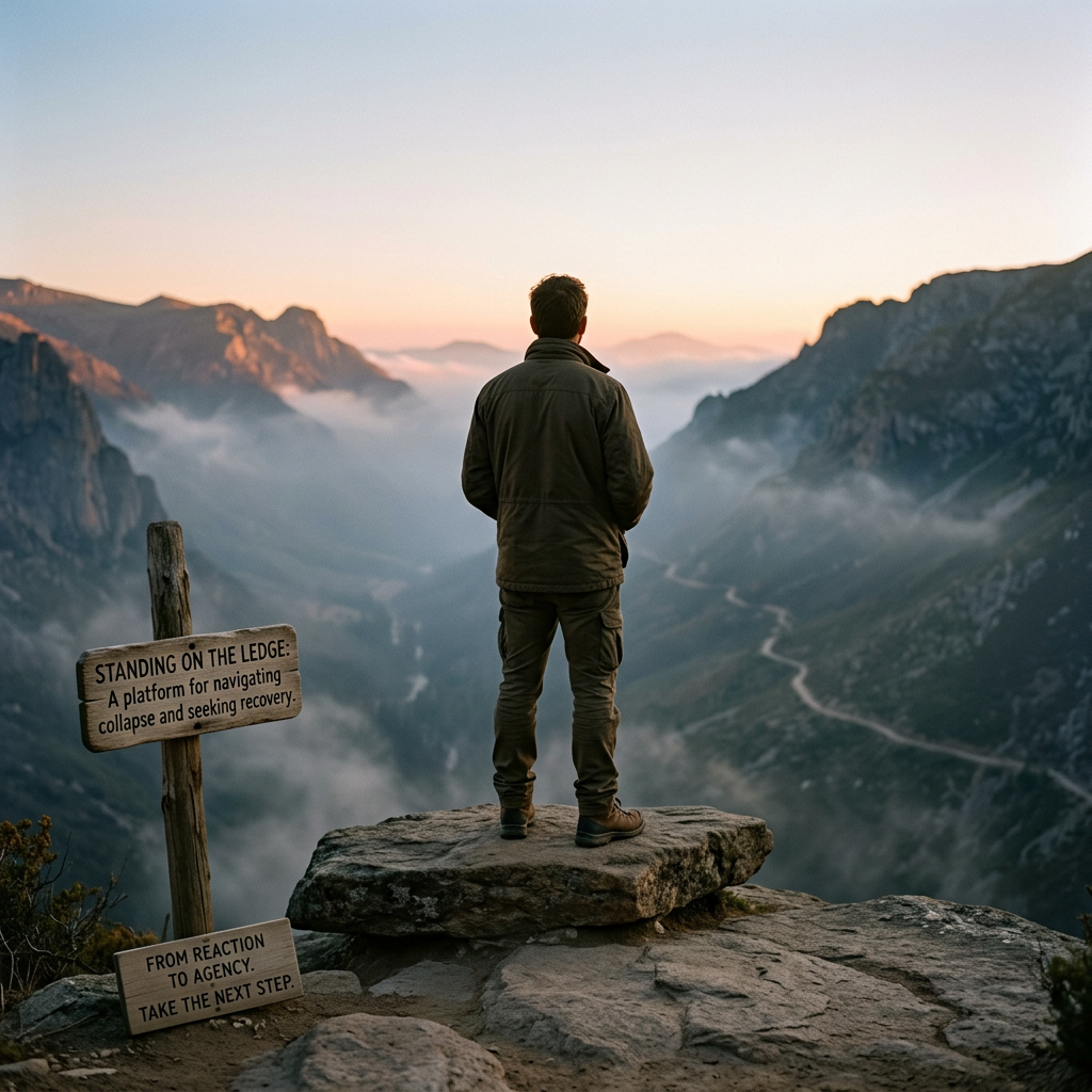 Person standing on a cliff above mountains; signs read “STANDING ON THE LEDGE: A platform for navigating collapse and seeking recovery” and “FROM REACTION TO AGENCY. TAKE THE NEXT STEP.”