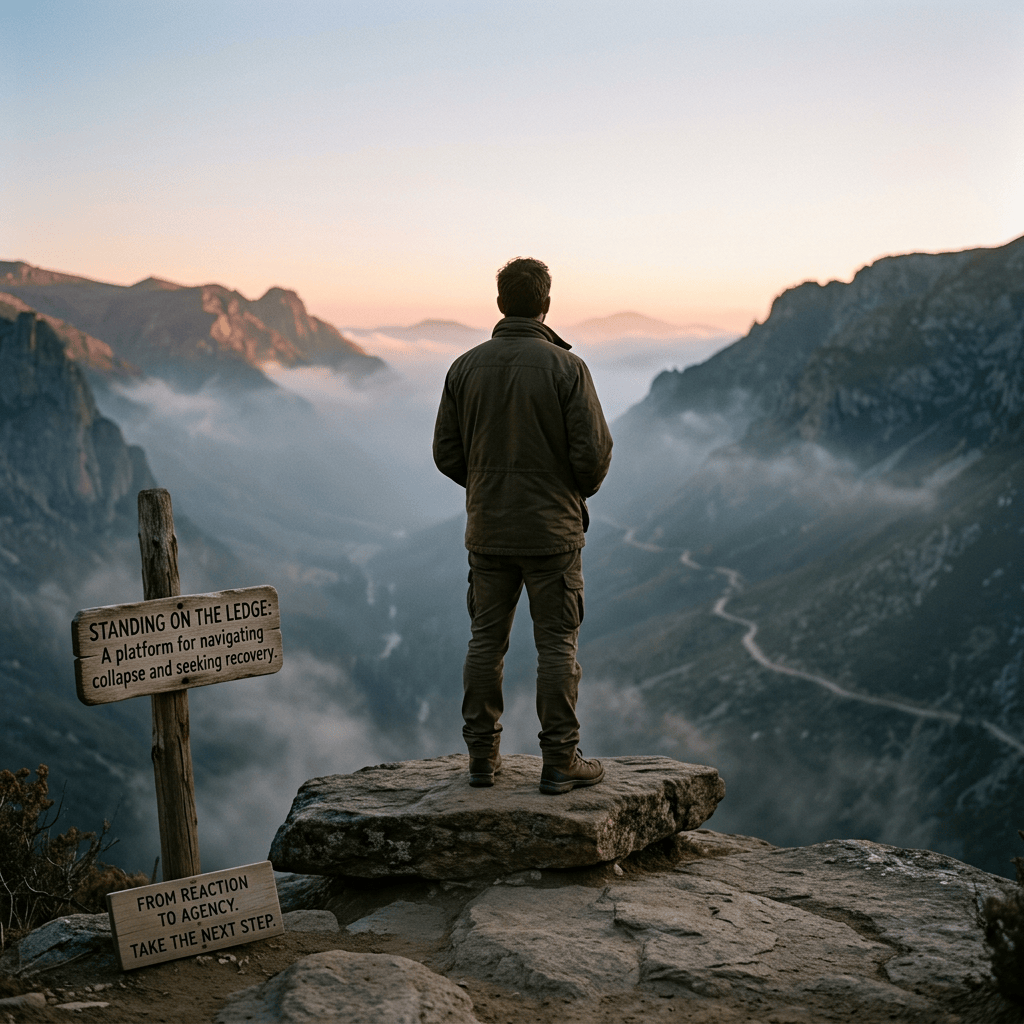 Person standing on a cliff above mountains; signs read “STANDING ON THE LEDGE: A platform for navigating collapse and seeking recovery” and “FROM REACTION TO AGENCY. TAKE THE NEXT STEP.”