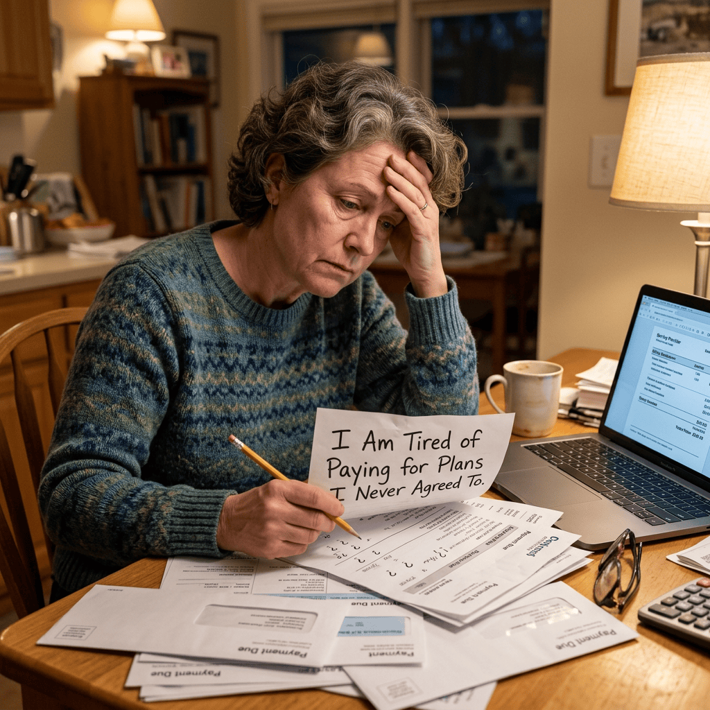 Person reviewing bills beside laptop; sign reads, “I Am Tired of Paying for Plans I Never Agreed To.”