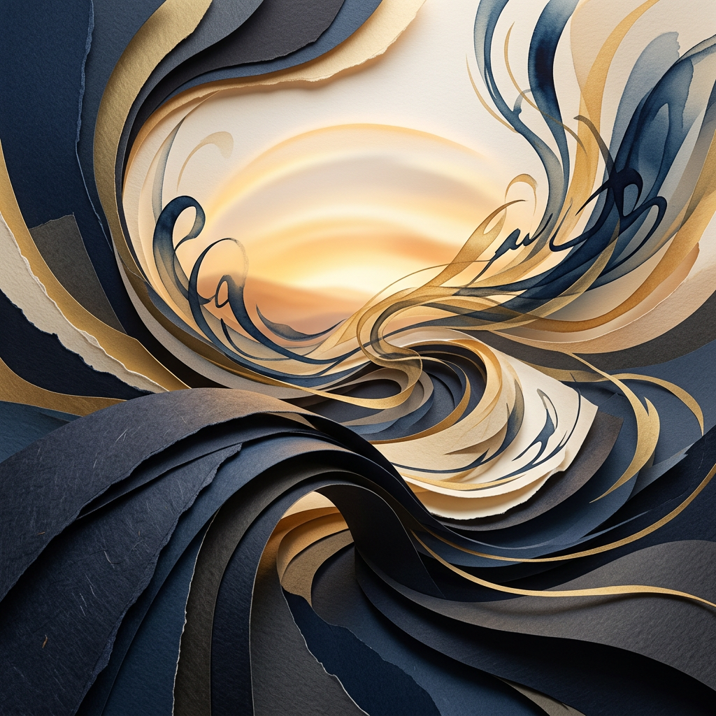 Abstract layered paper-like swirls in navy, cream, gray, and gold
