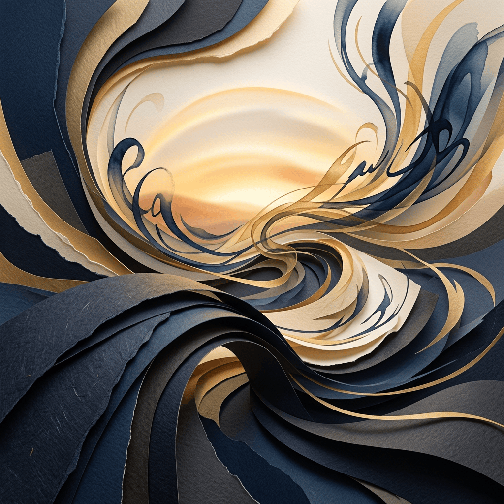 Abstract layered paper-like swirls in navy, cream, gray, and gold